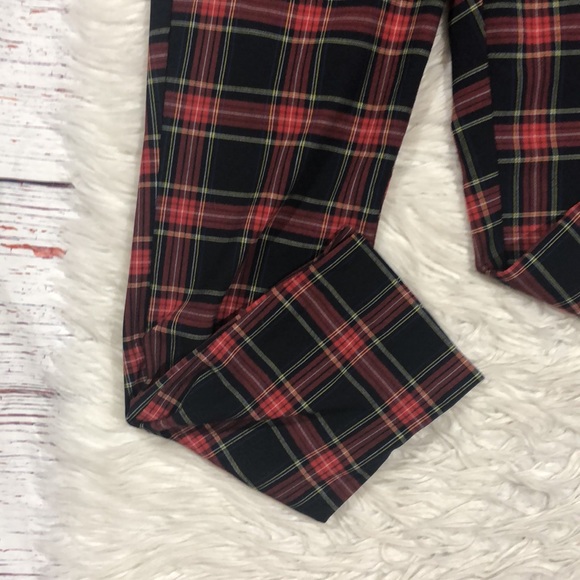 Zara Tartan Plaid Checkered Red High Waisted Elastic Trousers - Picture 4 of 11